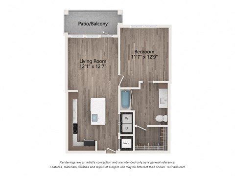 Floor plan for 1 bed, 1 bath, 730 sqft